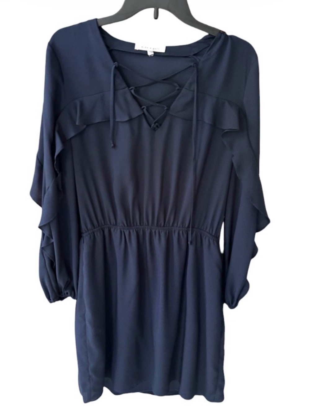 Navy Lace Up Long Sleeve Spring Wedding Guest Dress with Ruffled Detail Size M